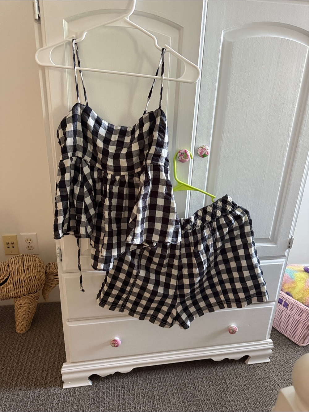 Boutique Black & White Gingham Spaghetti Strap Top & Shorts Set